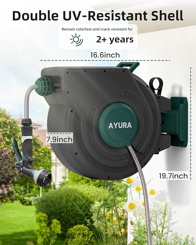 AYURA Retractable Garden Hose Reel 100 ft x 1/2 inch with Pro Metal Shaft, Heavy Duty Automatic Garden Hose Reels with Kink-Free Rewind and Lock at Any Length, Wall Mount Water Hose Reel for Outside