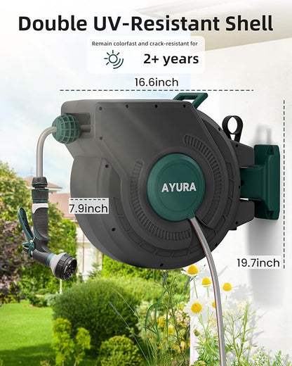 AYURA Retractable Garden Hose Reel 100 ft x 1/2 inch with Pro Metal Shaft, Heavy Duty Automatic Garden Hose Reels with Kink-Free Rewind and Lock at Any Length, Wall Mount Water Hose Reel for Outside