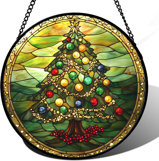 Stained Glass Window Hanging - Green Christmas Tree Gold Ribbon Suncatcher for Doors Home Christmas Decoration Sun Catcher Thanksgiving New Year Birthday Gifts for Women Men Mom Nana 6.3 in