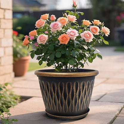 4 Pack 9 Inch Retro Plant Pots, Vintage Striped Flower Pots with Drainage Hole & Saucer, Large Plastic Planters for Indoor and Outdoor Plants, Decorative Garden Pots(Gold)