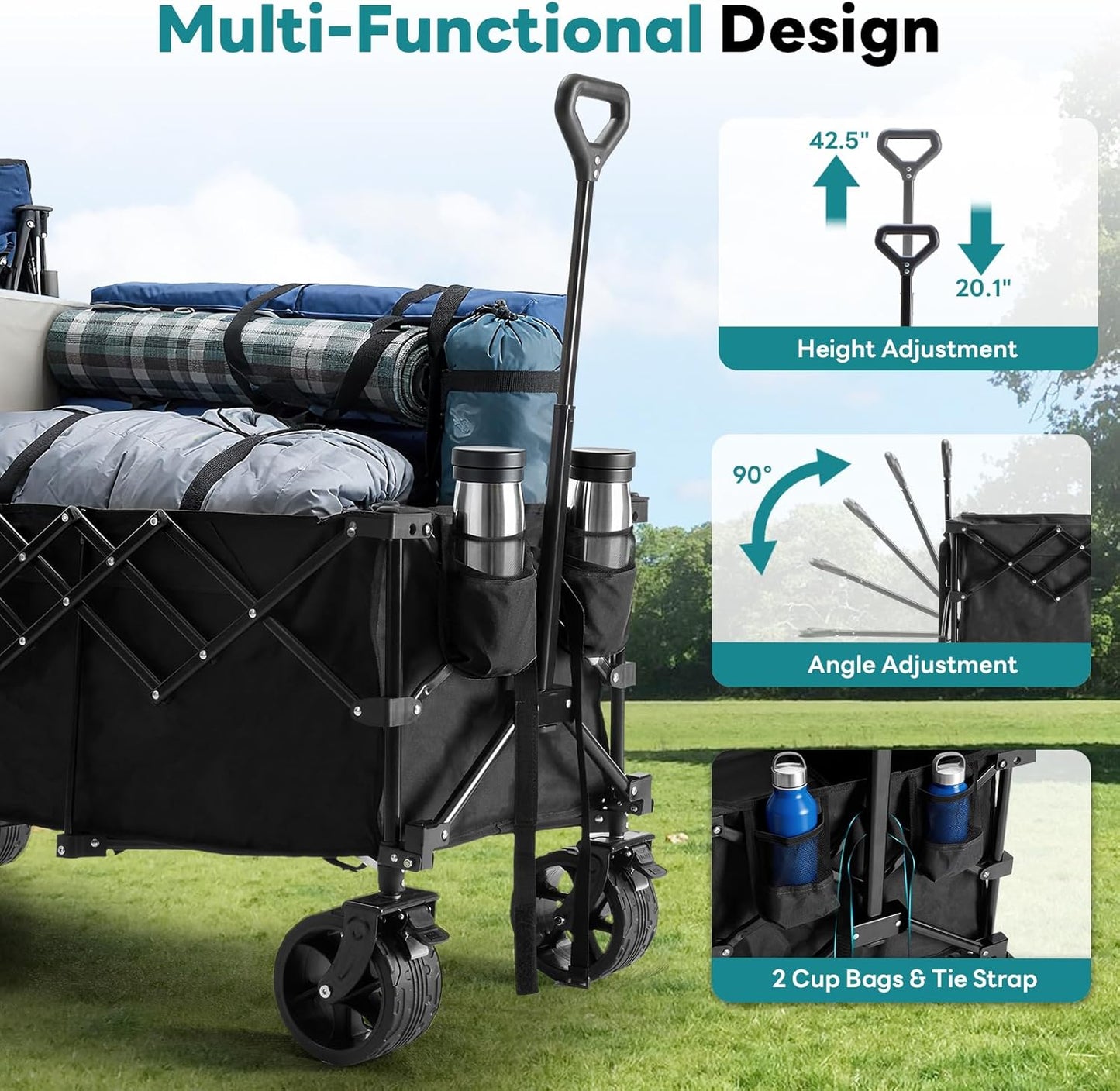OLIXIS Collapsible Wagon Cart - 440lbs Foldable Extra Long Heavy Duty Utility Wagon with Wheels, Portable Storage Grocery Cart for Camping, Shopping, Sports, Beach, Garden (Black, 48" L)