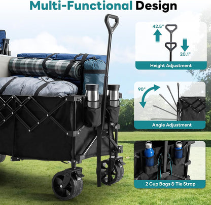 OLIXIS Collapsible Wagon Cart - 440lbs Foldable Extra Long Heavy Duty Utility Wagon with Wheels, Portable Storage Grocery Cart for Camping, Shopping, Sports, Beach, Garden (Black, 48" L)