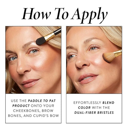 LAURA GELLER NEW YORK Dual-Ended Highlighter Brush - Multipurpose Makeup Brush for Highlighter, Blush, Bronzer and More - Includes Dual-Fiber Vegan Bristles and Satin Paddle for Flawless Application