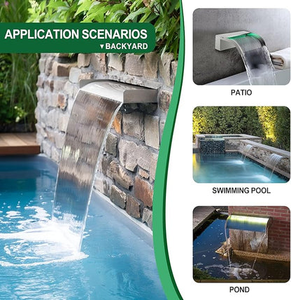 Waterfall Spillway, Stainless Steel Pool Fountain w/Top Open Lip & Pipe Connector Kits for Outdoor/Indoor Decorative, 11.8'' Pool Water Feature for Garden Patio, Backyard Koi Pond Decor