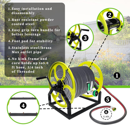 Garden Hose Reel Heavy Duty ，for 5/8" Hose Reel with Crank Handle Retractable, Wall/Floor Mount Metal Hose Reel, Holds up to 400-Feet. (With 5 FT Hose included)