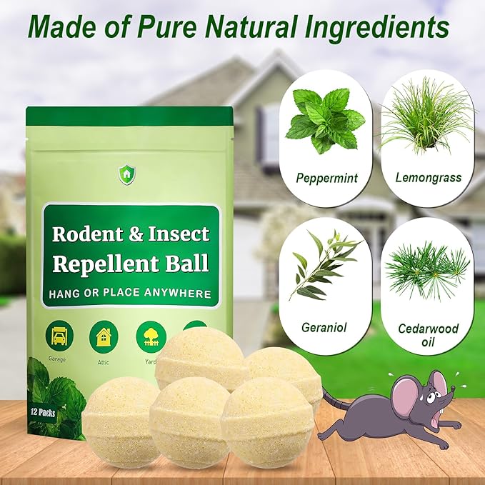 Rodent and Insect Repellent Balls, Rats and Squirrel Repellent for Indoor and Outdoor, Peppermint to Repel Rats and Mice, Mouse and Rodent Deterrent for House, Garden, 12 Packs