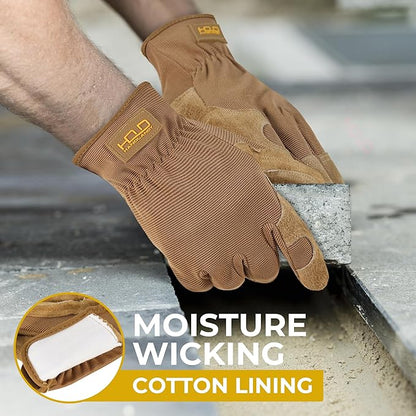 HANDLANDY Men Leather Gardening Gloves, Utility Work Gloves for Mechanics, Construction, Driver