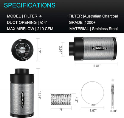 MELONFARM Air Filtration Kit 4", Built-in 14cm Fan Low Nois Carbon Filter with 12-Speed Controller, 8' Ducting, Cooling & Ventilation System for Grow Tents, Indoor Gardening, Hydroponics 4“x12.2