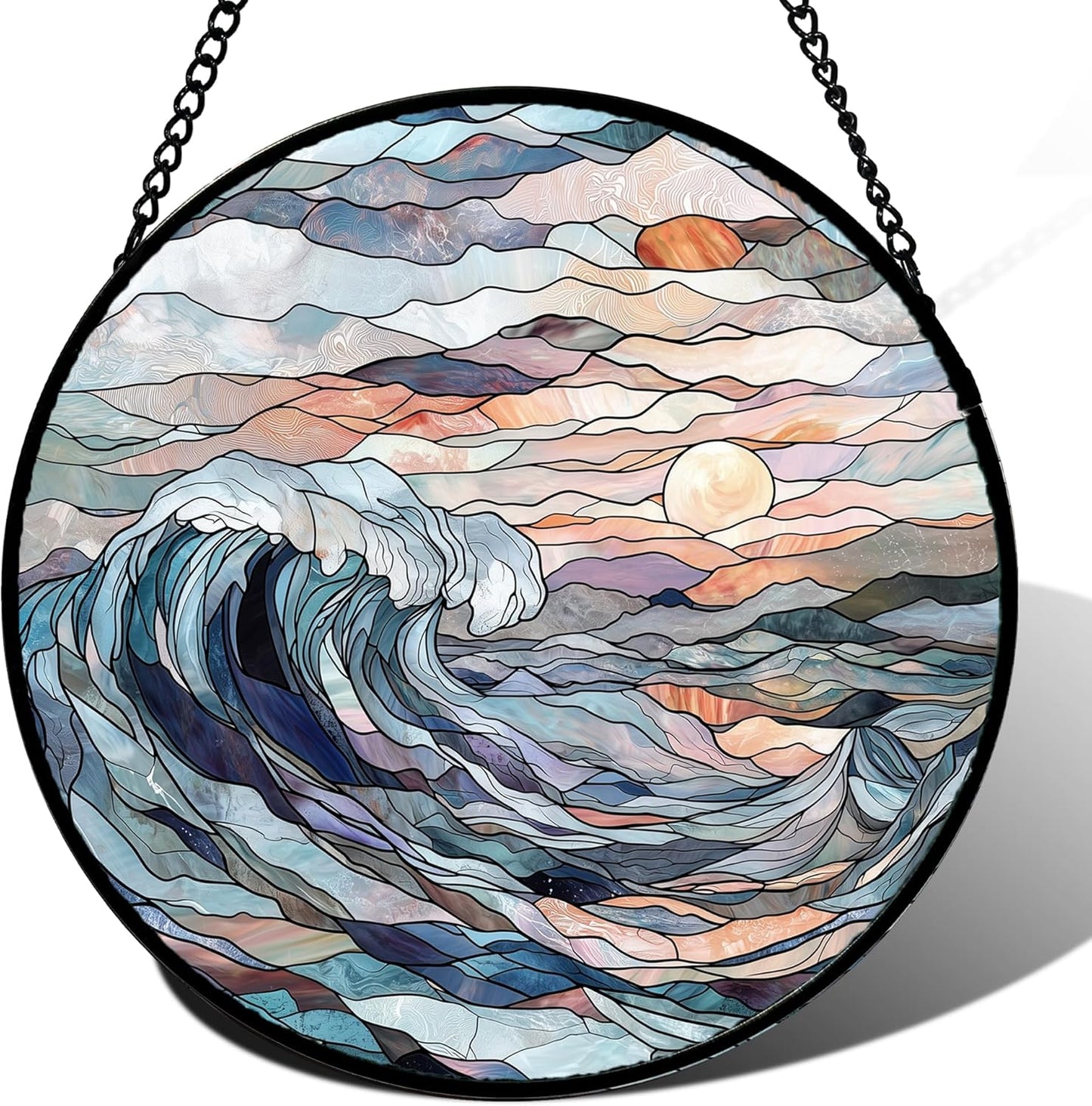 Stained Glass Window Hanging, Sunrise Waves Sun Catchers Diamond Glass Panel Hangings Abstract Suncatcher Decor for Birthday for Women, Men, Wife, Aunt, and Mom 14.9x14.9 in