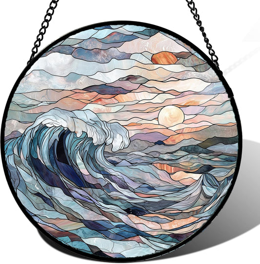Stained Glass Window Hanging, Sunrise Waves Sun Catchers Diamond Glass Panel Hangings Abstract Suncatcher Decor for Birthday for Women, Men, Wife, Aunt, and Mom 14.9x14.9 in