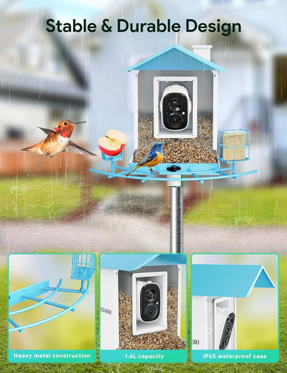Osoeri Bird Feeder with Camera, Smart Bird Feeder Camera with AI Identify, Metal Bird Feeder with Suet Cage & Fruit Fork, Auto Capture Bird Videos & Motion Detection, Ideal Gift for Bird Lovers