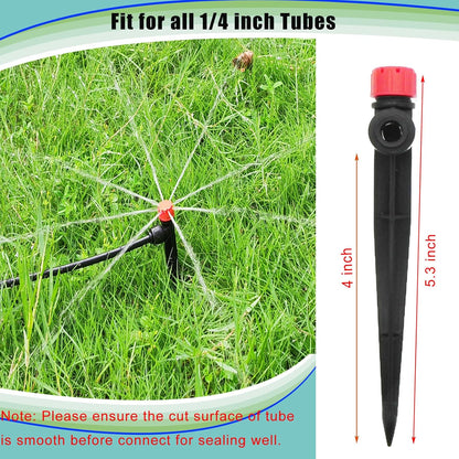 30pcs Drip Irrigation Emitters - Push-to-Quick Connect to 1/4" Tube - Adjustable 360 Degree Drippers Emitters Vortex on 5.3" Stakes-Garden Watering System (Red Emitters Stream-30PCS)