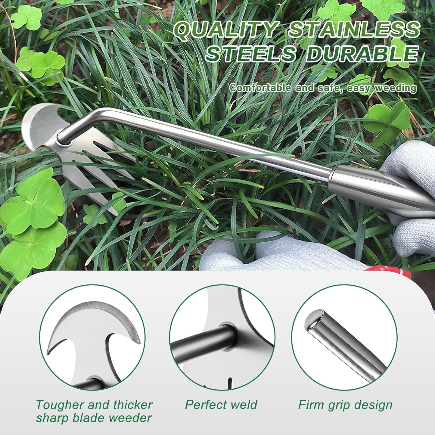Hand Weeder Tool, Stainless Steel Handle Manual Weeder Tool, Pull Up Weeder Tool, Weed Discharge Tool, 4-Tooth Weeder Tool, Weeder Tool for Gardening 16inch
