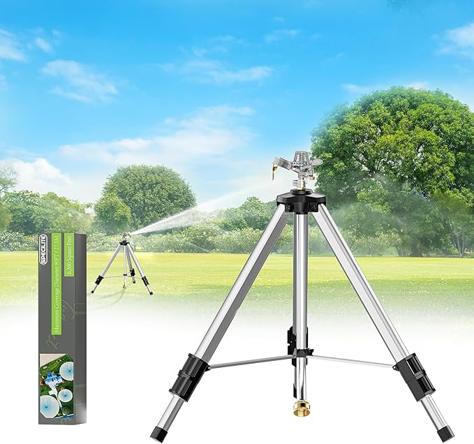 SPECILITE Brass Impact Sprinkler on Tripod Base, 50” Heavy Duty Metal Pulsating Telescoping Sprinkler, 360 Degree Irrigation for Large Area, Yard, Lawn, Waters up to 90ft, Covering up to 6360sqft