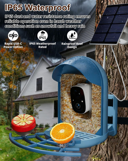 Smart Bird Feeder with 2K Camera, Solar Powered Wireless Birds House with APP Control, Night Vision, Motion Detection Alerts, IP66 Outdoor Birdfeeder for Backyard Garden Bird Watching,Blue