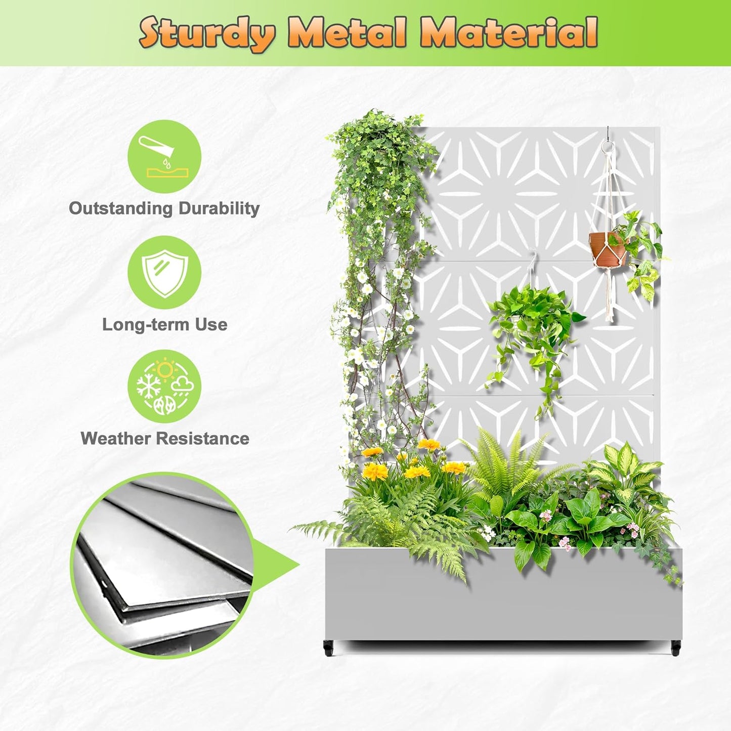 Metal Raised Garden Bed with Trellis, 2 in 1 Trellis with Planter Box & Privacy Screen for Climbing Plants, Vine, Outdoor Standing Flower Beds with Drainage Holes,47.2"L x 16.7"W x 70.8"H,(White-Star)