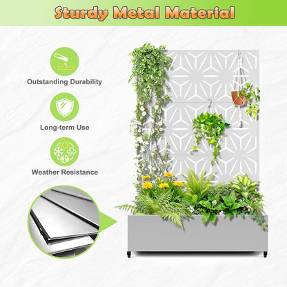 Metal Raised Garden Bed with Trellis, 2 in 1 Trellis with Planter Box & Privacy Screen for Climbing Plants, Vine, Outdoor Standing Flower Beds with Drainage Holes,47.2"L x 16.7"W x 70.8"H,(White-Star)