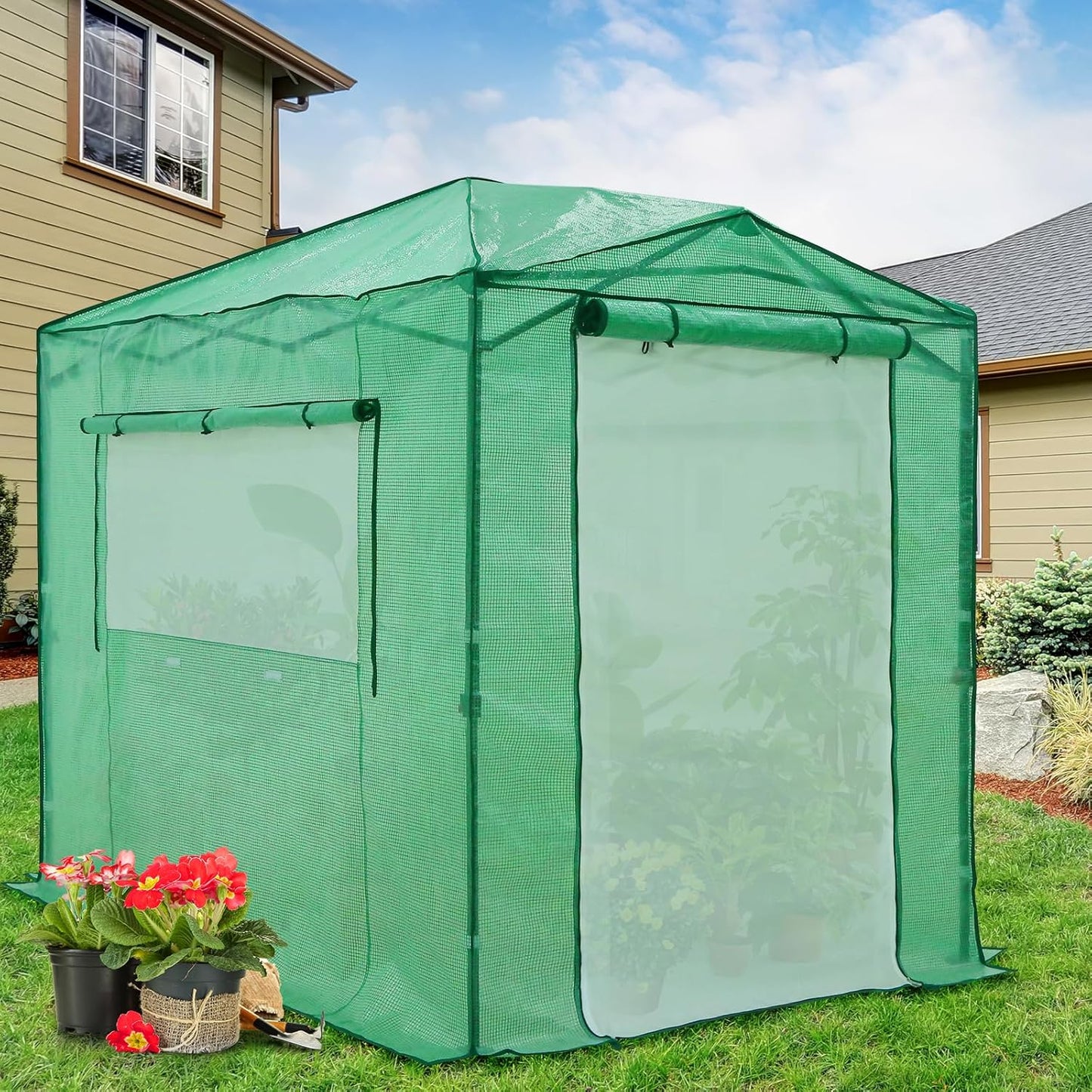 EAGLE PEAK 8x6 Portable Walk-in Greenhouse Instant Pop-up Indoor Outdoor Plant Gardening Green House Canopy with Dual Roll-up Zipper PE Door & Upgraded Screen Mesh Door, PE Cover, Green/Clear