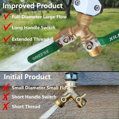 Garden Hose Splitter 2 Way,Brass Water Hose Splitter with Stainless Steel Long Handle,Outdoor Full Flow Hose Splitter Connector,Y Valve 3/4 Inch GHT Thread