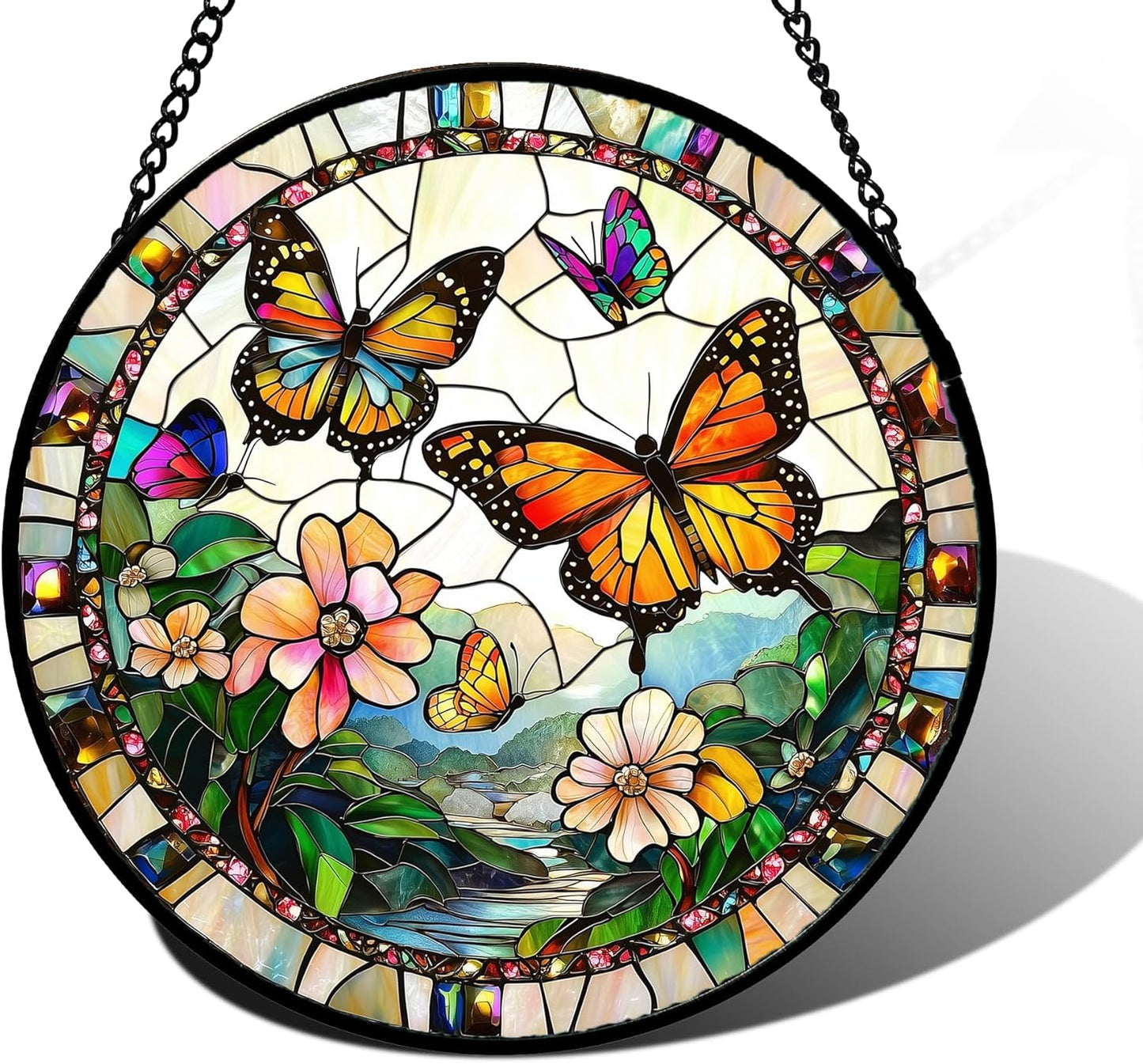 Stained Glass Window Hanging, Butterflies Flying in The Sky Suncatcher for Doors Home Sun Catchers Decoration and Christmas, Mother's Day Birthday Gifts for Women, Men, and Mom 9.8 in