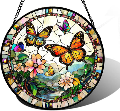Stained Glass Window Hanging, Butterflies Flying in The Sky Suncatcher for Doors Home Sun Catchers Decoration and Christmas, Mother's Day Birthday Gifts for Women, Men, and Mom 9.8 in