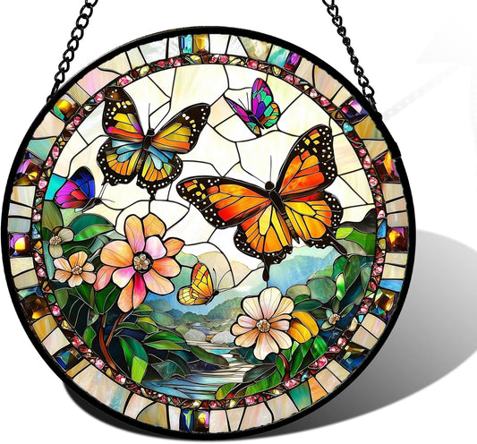 Stained Glass Window Hanging, Butterflies Flying in The Sky Suncatcher for Doors Home Sun Catchers Decoration and Christmas, Mother's Day Birthday Gifts for Women, Men, and Mom 7.8 in