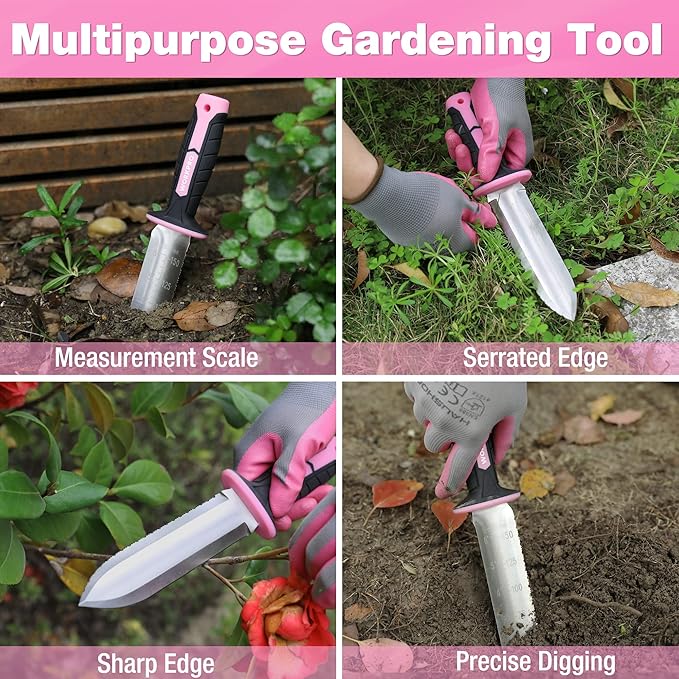 WORKPRO Hori Hori Garden Knife, 7" Stainless Steel Blade with Cutting Edge, Garden Tools with Oxford Sheath, Ergonomic TRP Handle with Hanging Hole for Weeding, Planting, Digging, Pink Ribbon