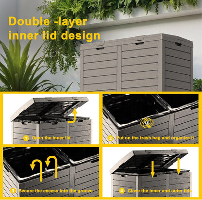Outdoor Trash Can with lid, Waterproof, UV-Resistant Resin Garbage Can, Lockable Lid and Drip Tray, Animal-Proof, for Patio, Kitchen, Backyard and Deck (Grey, 62 Gallon)