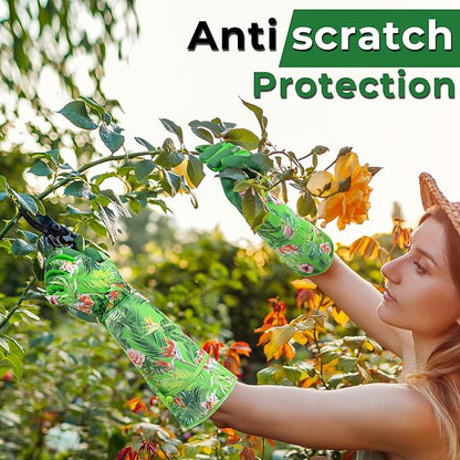 HANDLANDY Women Gardening Gloves, Scratch Resistant Breathable Ladies Rose Pruning Long Gauntlet Floral Print Garden Yard Gloves, Gift for Gardeners (Green, XL)