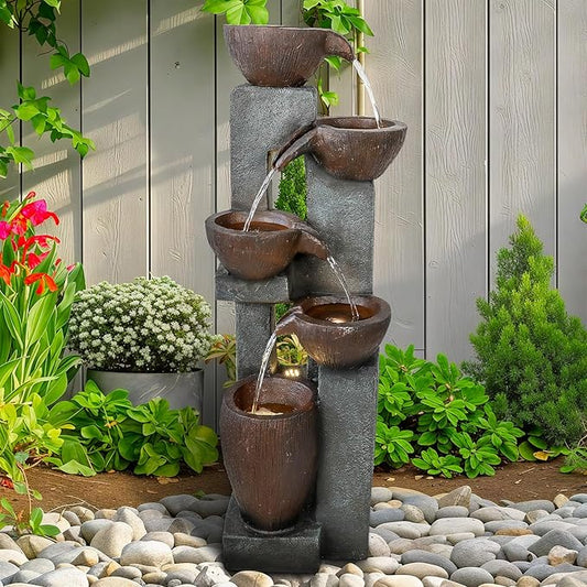 Naturefalls 39” H Modern Outdoor Fountain - 5 Crocks Outdoor Garden Fountains with Contemporary Design&LED Light for Garden, Patio, Deck, Porch, Backyard and Home Art Decor
