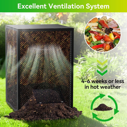 Compost Bin Outdoor - Large 93 Gallon Metal Perforated Sheet Compost Bucket with Rust-Proof Coating, Heavy-Duty & Easy Assembly, Fast Creation of Fertile Soil, for Garden, Kitchen & Yard Waste, Black