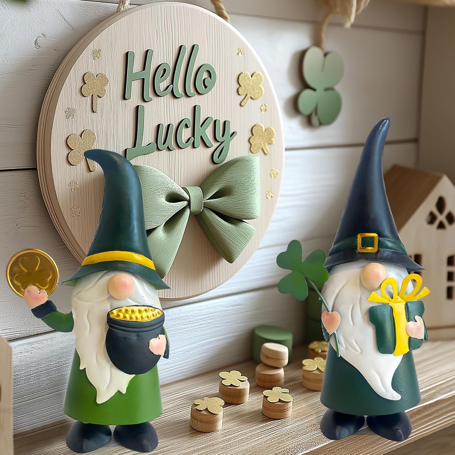 HONGLAND St. Patricks Day Decorations Outdoor Green Gnomes, Metal Gnomes Figurine Irish Leprechaun St Patricks Day Decor, Luck Shamrock Gnome for Home Outside Garden Lawn Party Yard Patio (14 INCH)