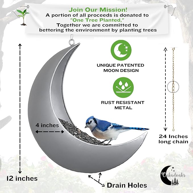 Hanging Moon Bird Feeder – Unique Metal Bird Feeders for Outdoors, Silver Rust-Resistant, Drain Holes – Wild Bird Feeder for Bluebirds, Cardinals, Finches, and Backyard Birdwatching