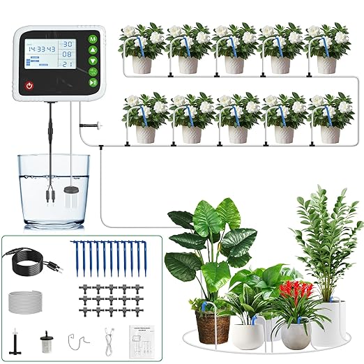 SoulBay Automatic Indoor Drip Irrigation Kit, Programmable Water Timer LCD Display, Self Watering System for 15 Potted Plants, USB Rechargeable