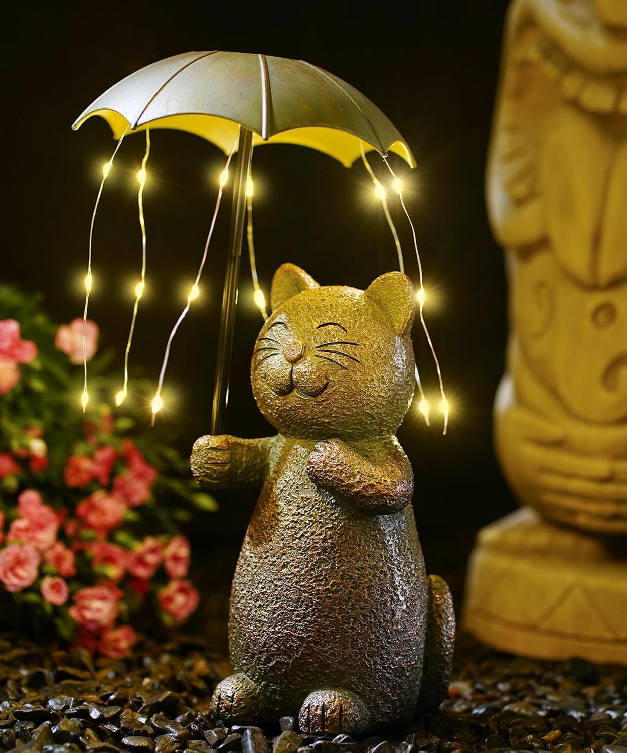 Nacome Solar Cat Garden Statues Outdoor Decor: Holding Umbrella with String Lights Patio Yard Lawn Outside Decorations - Birthday Gifts for Mom Grandma Women Sister(Copper)