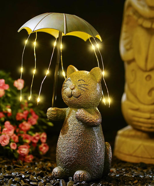 Nacome Solar Cat Garden Statues Outdoor Decor: Holding Umbrella with String Lights Patio Yard Lawn Outside Decorations - Birthday Gifts for Mom Grandma Women Sister(Copper)