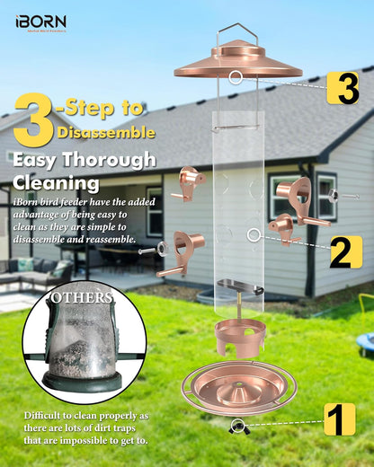 iBorn Bird Feeders for Outdoors, 2LB Metal Bird Feeders 17cm Large Roof &Tray, 4 Feeding Ports, Brushed Copper Finishing