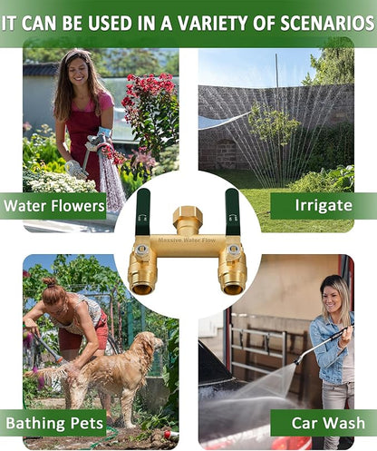 Hose Splitter 2 Way Heavy Duty, Full Flow Garden Hose Splitter with 2 Long Metal Handles, Brass Rust and Freeze Resistant Water Hose Bib Splitter, T Adapter Connector with 3/4 - Inch GHT Thread（Green）