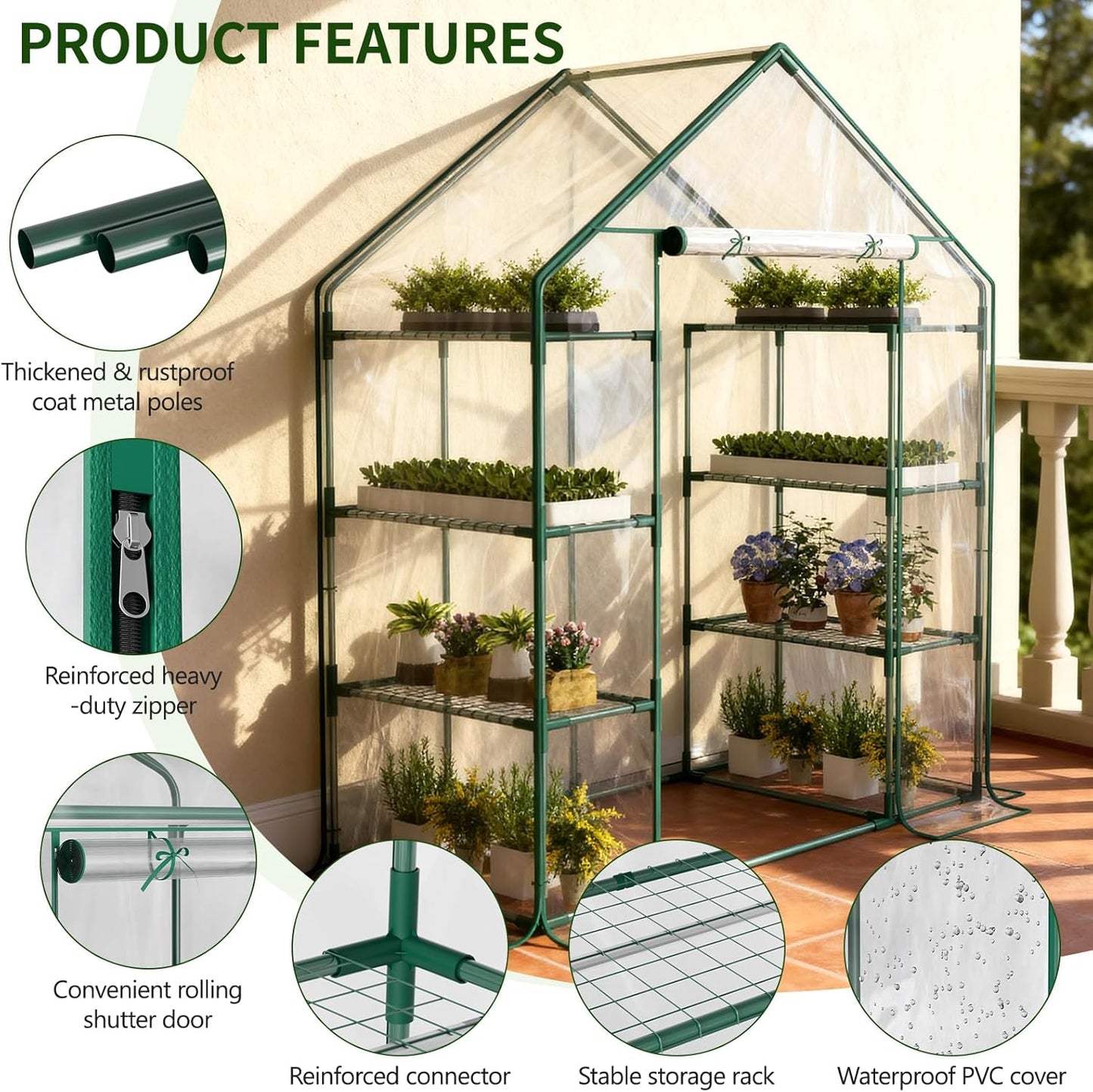 SUNYRISY Indoor Greenhouse with Grow Lights Plant Stand Shelf, 4 Tier Wall in Mini Small Greenhouse Kit with Zippered PVC Tent for Garden Seed Starting Tray, 36W Full Spectrum