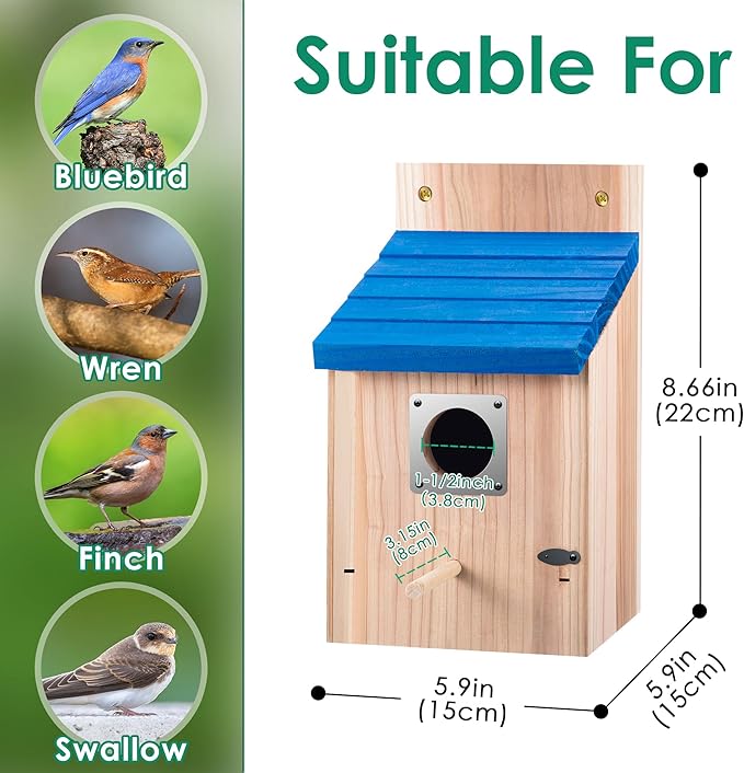 Dreyoo 4 Pack Cedar Bluebird Box Houses for Outside, 1-1/2'' Entrance Hole Wooden Bird Houses with Metal Guard, Secure Latch, Fledgling Grooves, Air Vents for Bluebird Wren Swallow