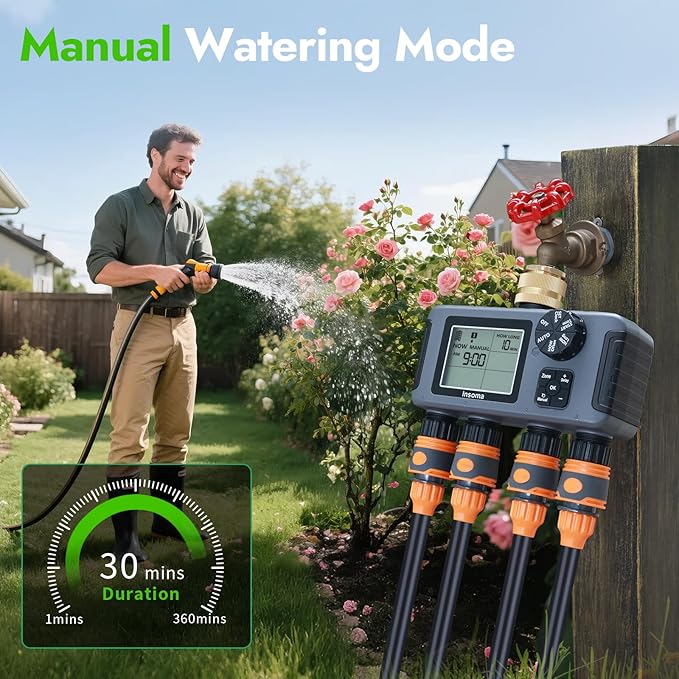 Insoma Water Timer with Brass Inlet, 4 Independent Zones Outdoor Hose Timer for Garden Faucet with Auto/Manual/Rain Delay Mode, IPX5 Waterproof, Sprinkler Irrigation Controller for Yard Lawn