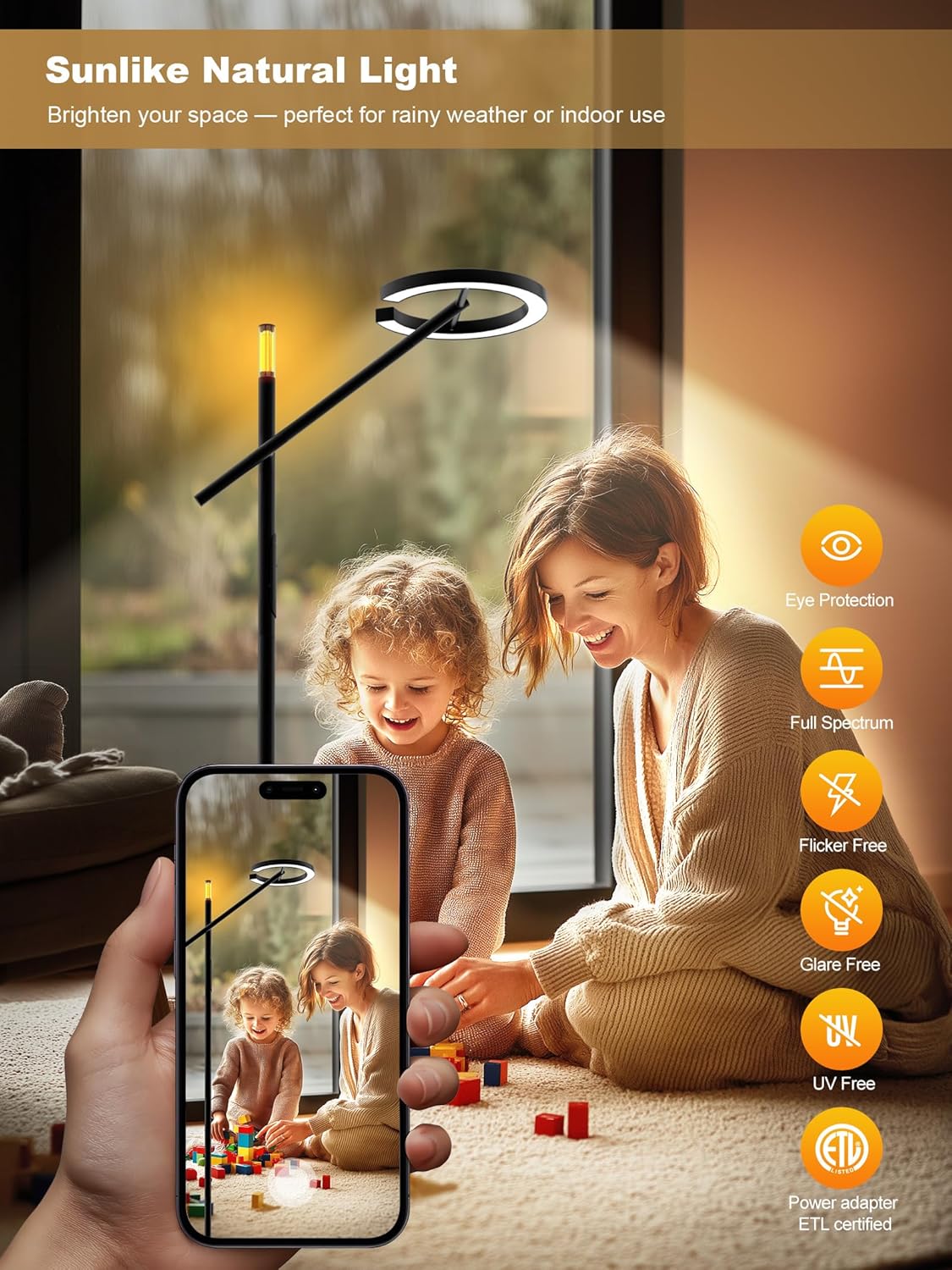 GLOWRIUM Smart Wake Up Light Therapy Lamp with App, 10000 Lux Full-Spectrum Happy Therapy Light, UV-Free Sun Lamp, Circadian Rhythm, Remote, Timer, Cozy Light Settings for Winding Down