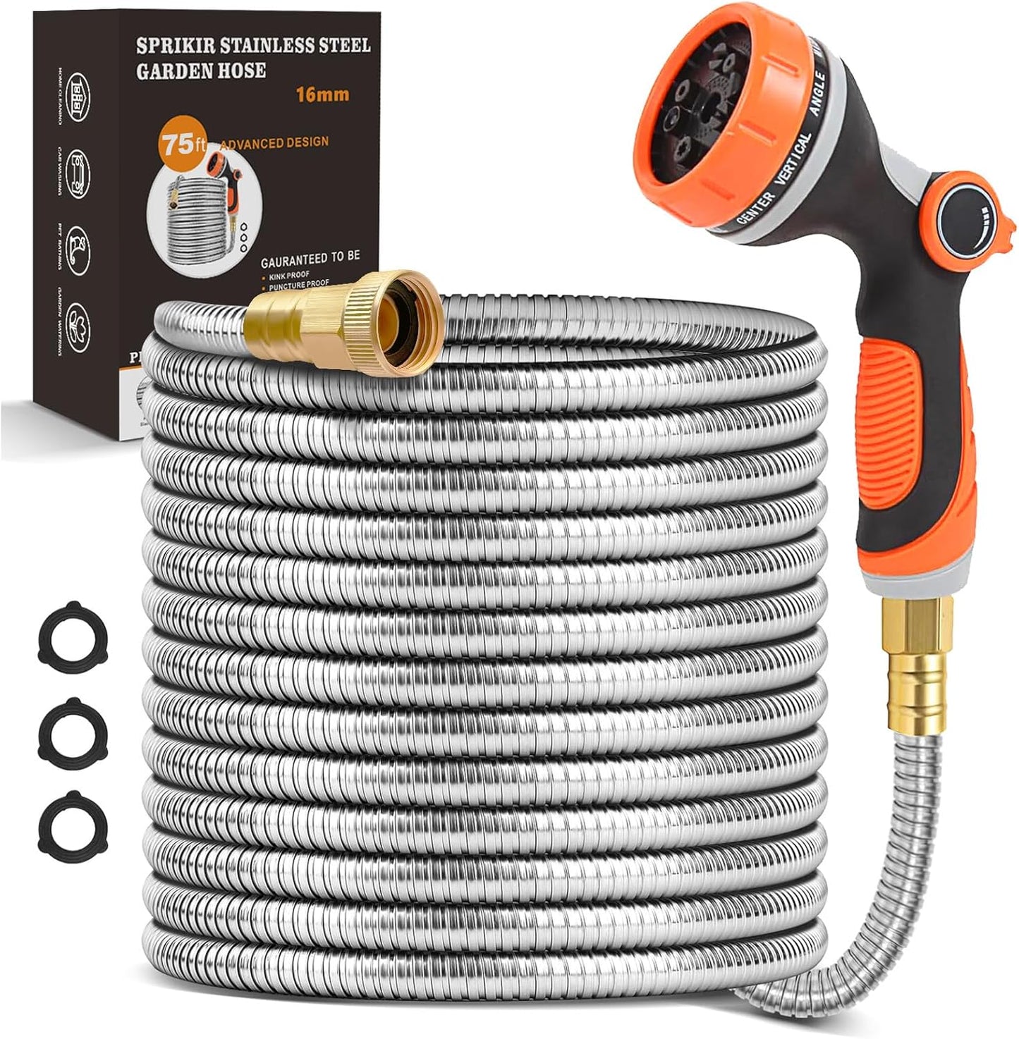 Metal Garden Hose 75ft, Stainless Steel Water Hose 75ft with 10 Function Sprayer Nozzle, Leaf-Proof Kink Free Heavy Duty Lightweight for Outdoor,Yard,Lawn,Patio, Car