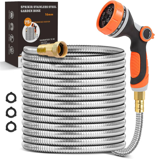 Metal Garden Hose 75ft, Stainless Steel Water Hose 75ft with 10 Function Sprayer Nozzle, Leaf-Proof Kink Free Heavy Duty Lightweight for Outdoor,Yard,Lawn,Patio, Car