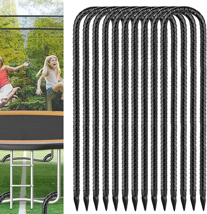 Black Trampoline Stakes Anchors High Wind 12inx6mm Galvanized U Hook 10pcs Rebar Stakes – Heavy Duty Ground Anchors for Trampoline,Yard & Inflatable,Landscape Metal Stakes for Outdoor Decorations