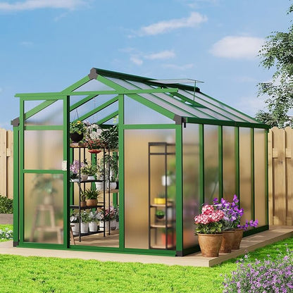 6x10 FT Polycarbonate Greenhouse with Roof Vent - Large Aluminum Walk-in Greenhouse Kit for Gardening, Backyard, Patio, Lawn - Easy Assembly