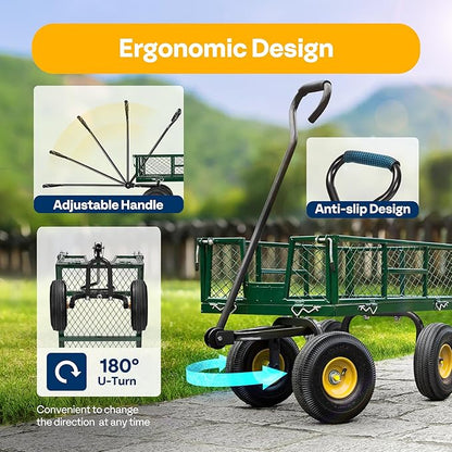 VIVOHOME Heavy Duty 880 Lbs Capacity Mesh Steel Garden Cart Folding Utility Wagon with Removable Sides and 4.10/3.50-4" Wheels 10 Inch Tire(Green)