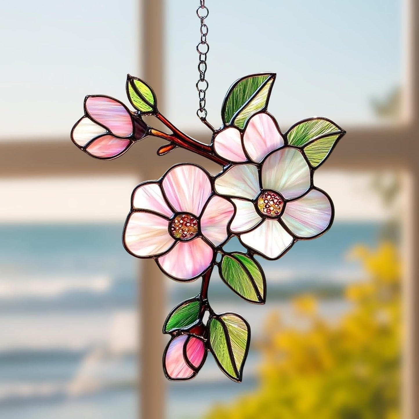 Magnolia Flower Acrylic Suncatcher Stained Glass Effect Window Car Hanging Christmas Ornament Indoor Outdoor Decor Garden Sun Catcher Panel Gifts for Flower Lover for Women Mom Grandma