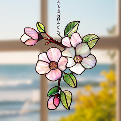 Magnolia Flower Acrylic Suncatcher Stained Glass Effect Window Car Hanging Christmas Ornament Indoor Outdoor Decor Garden Sun Catcher Panel Gifts for Flower Lover for Women Mom Grandma