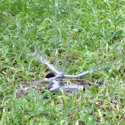 STYDDI Metal Rotating Water Sprinkler for Lawn, Heavy Duty Metal 3-Arms Whirling 360 Degree Automatic Rotary Sprinkler with Wheeled Base for Small Areas, Garden, Yard, Cover up to 1,384 Sq. ft.